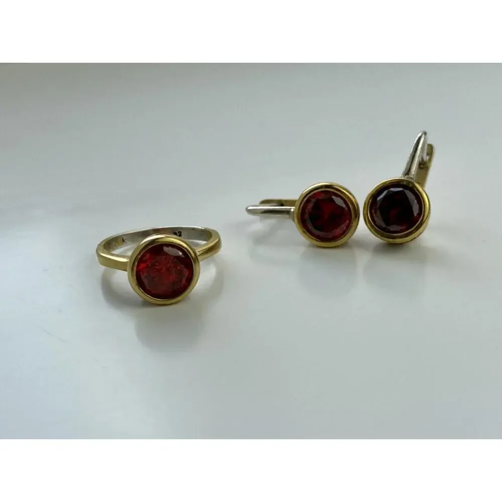925 STERLING SILVER GOLD PLATED GARNET & CZ JEWELRY SET TURKEY